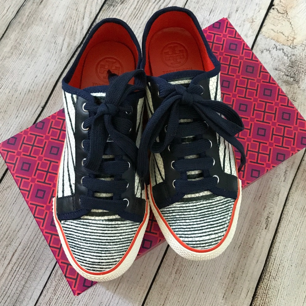 Tory Burch Millie Sneaker - Stripe Snake Print/Grosgrain Size 7